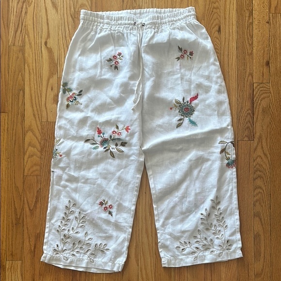 Johnny Was Pants - Johnny Was L white Embroidered linen lounge pants drawstring and elastic waist